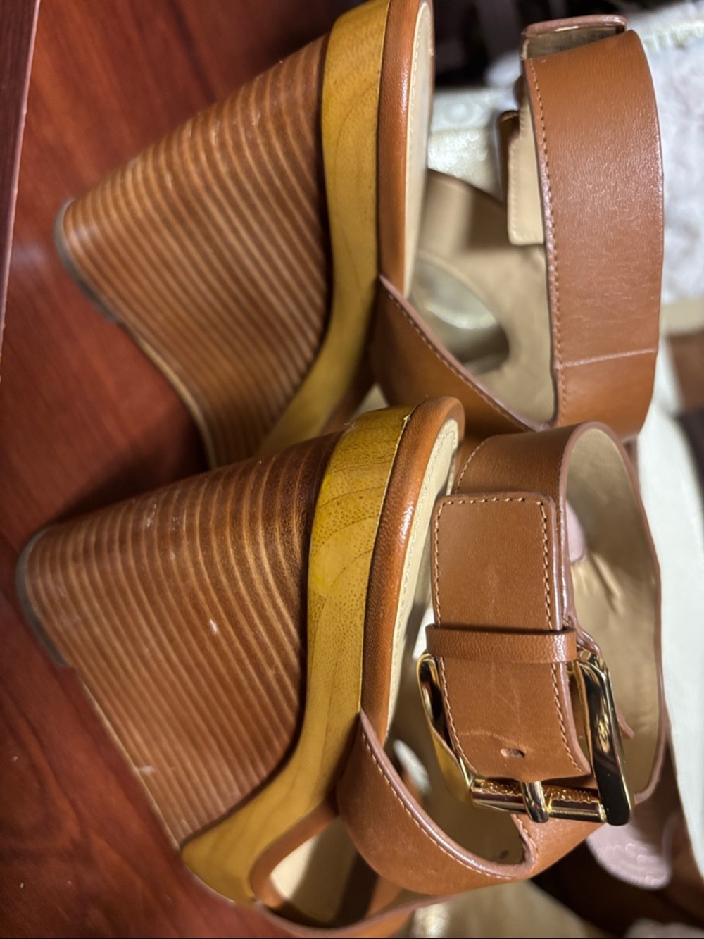MICHAEL Michael Kors Tan Leather Wedge Sandals - Picture 3 of 5